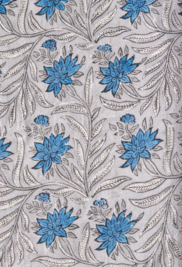 Grey Blue Floral Cotton Fabric by the Yard, Indian Printed Cotton Cloth, Soft Lightweight Cotton Fabric for Sewing, Quilting, Dressmaking