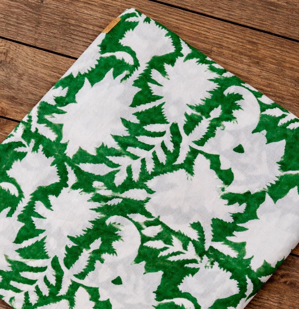 Green White Floral Cotton Fabric | Hand Block Print Fabric | Botanical Indian Cotton | Sewing Quilting Craft Fabric | Home Decor Textile