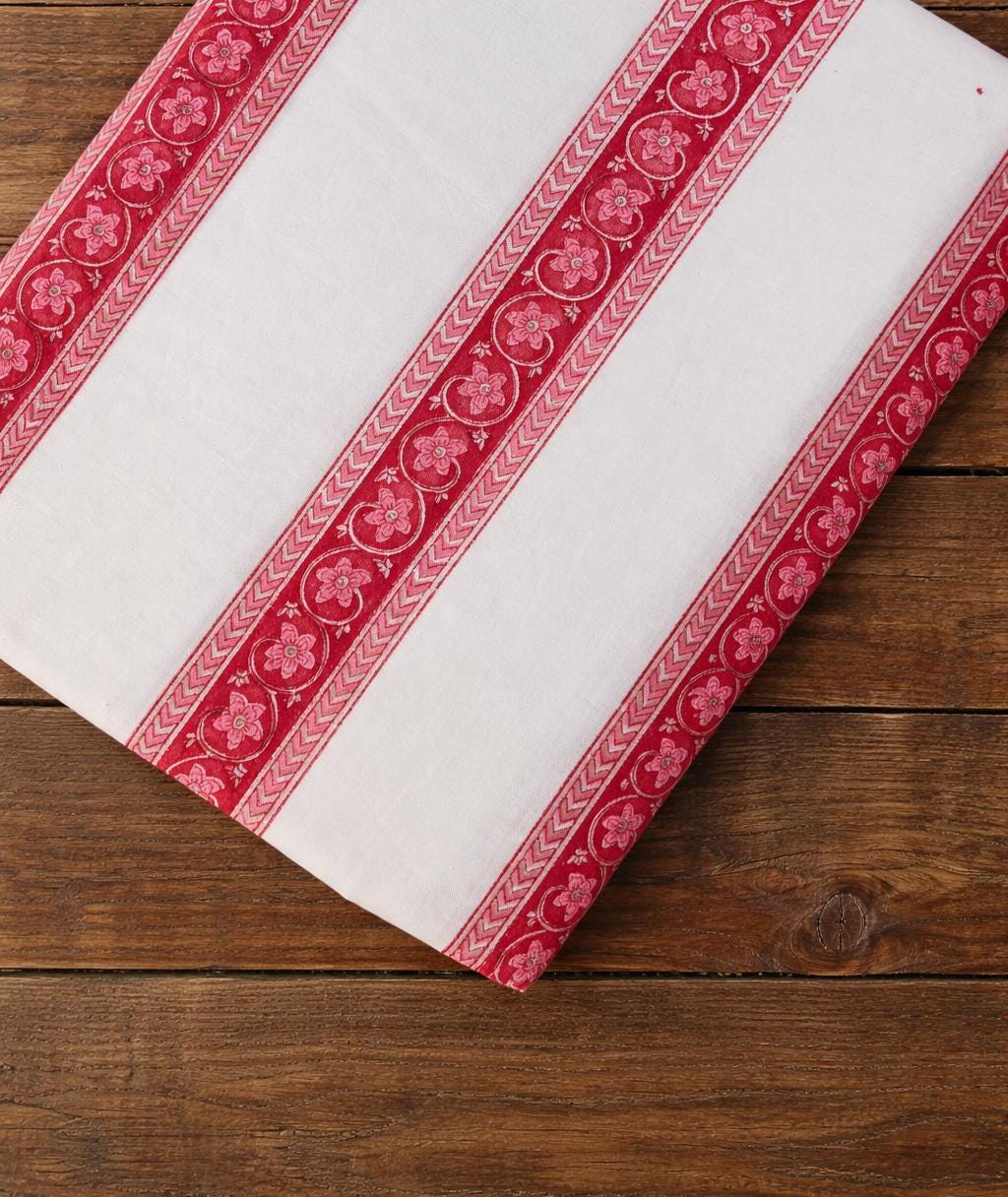 White & Red Floral Border Block Print Floral Cotton Fabric, Hand Block Print Fabric, Indian Cotton Fabric, Quilting Loose Running Fabric
