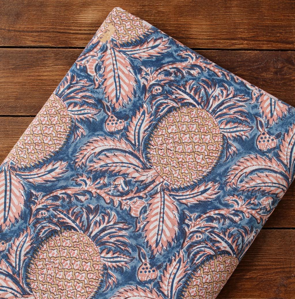 Pineapple Block Print Cotton Fabric | Blue Handmade Indian Cotton Cloth | Floral Botanical Sewing Quilting Dress Material | Running Fabric