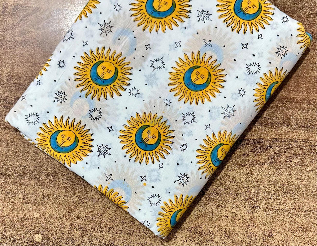 Sun and Moon Celestial Cotton Fabric, Astrology Print Fabric by Yard, Boho Cosmic Star Pattern, Quilting Sewing Craft Material, Loose Fabric