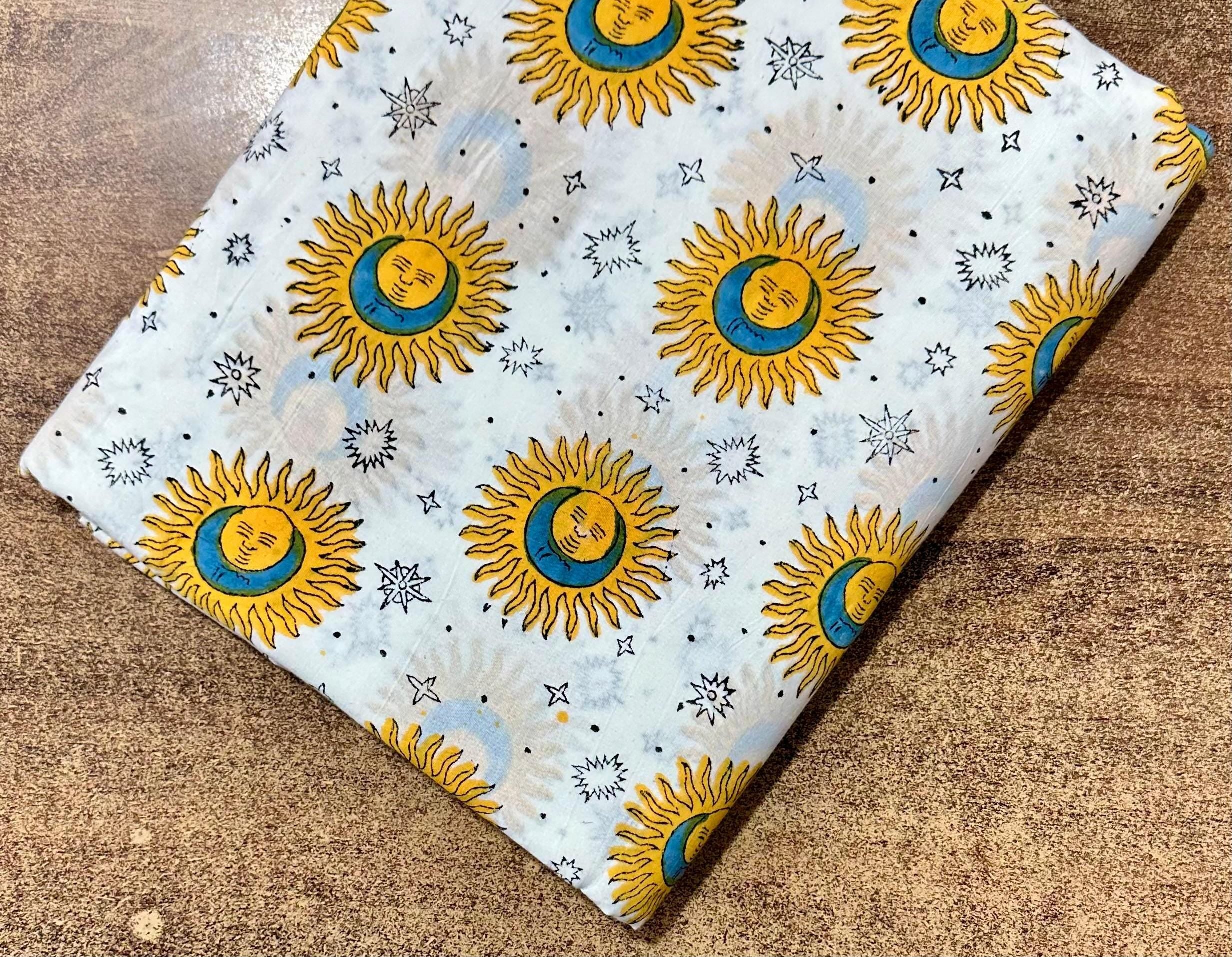 Sun and Moon Celestial Cotton Fabric, Astrology Print Fabric by Yard, Boho Cosmic Star Pattern, Quilting Sewing Craft Material, Loose Fabric