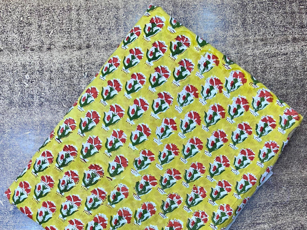 Yellow Floral Cotton Fabric, Hand Block Print Fabric by Yard, Indian Flower Print, Sewing Quilting Material, Napkin Fabric, Loose Fabrics