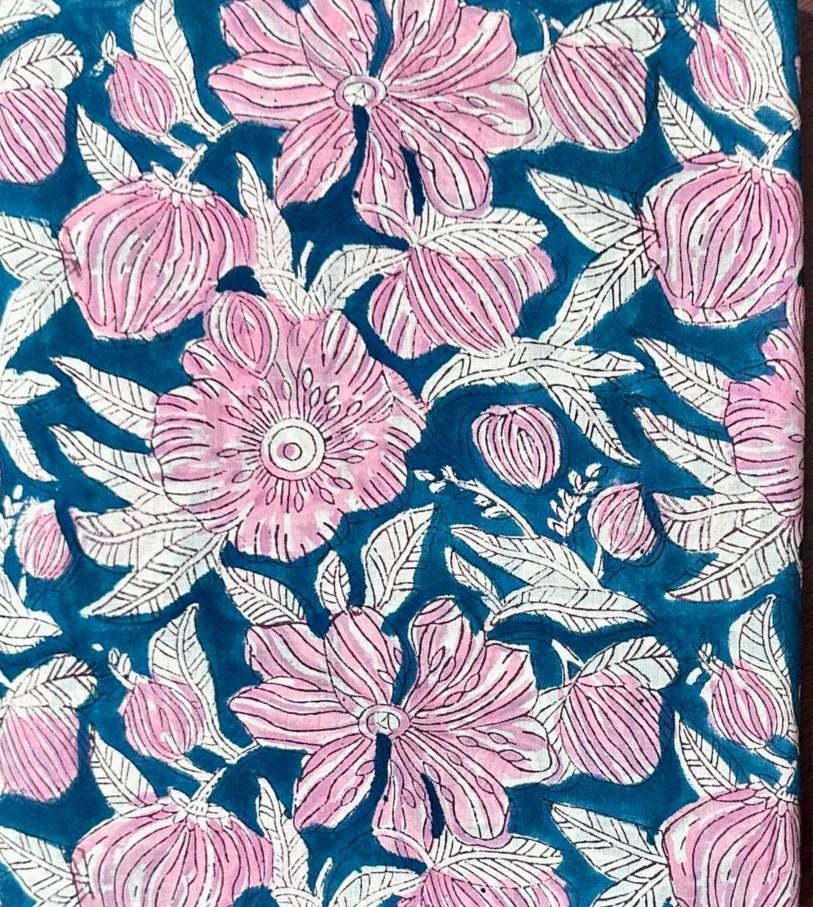 Blue Floral Cotton Fabric, Hand Block Print Indian Fabric by Yard, Pink Flower Pattern for Sewing Quilting Dressmaking, Fabric Bundal