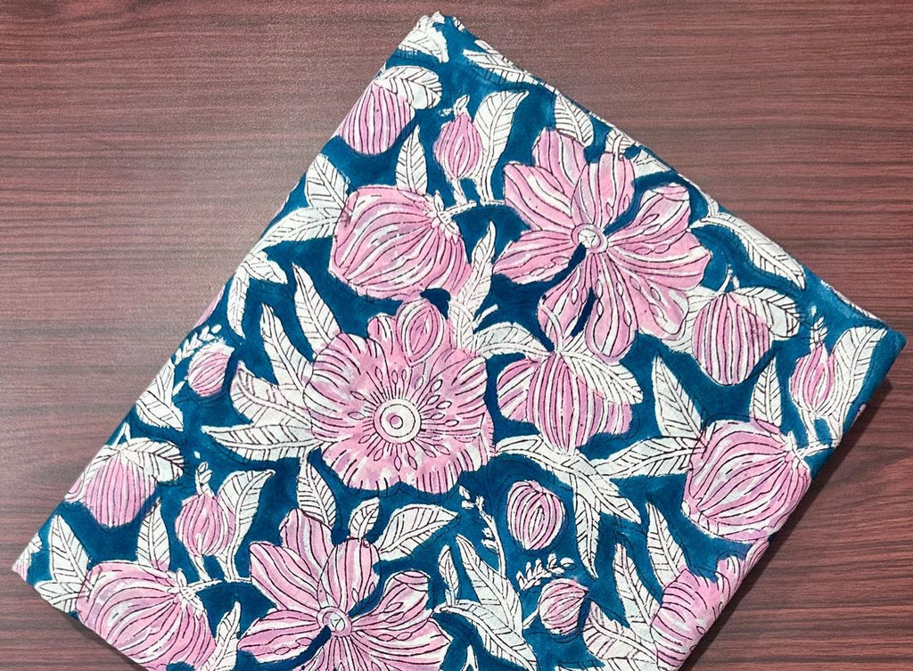 Blue Floral Cotton Fabric, Hand Block Print Indian Fabric by Yard, Pink Flower Pattern for Sewing Quilting Dressmaking, Fabric Bundal