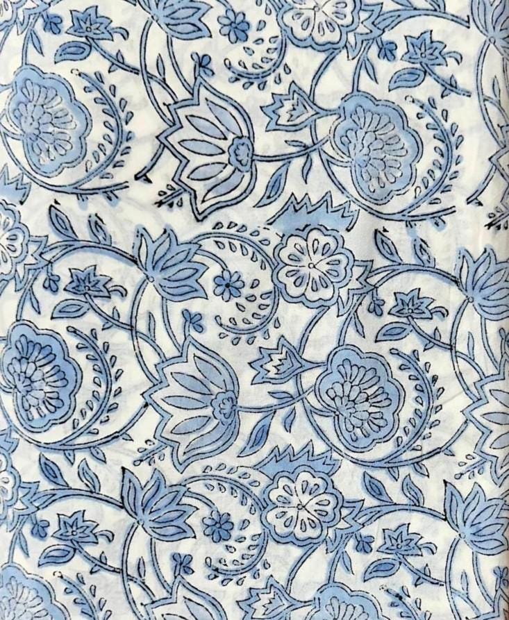 Blue Floral Hand Block Print Cotton Fabric, Indian Cotton Fabric, Floral Printed Cotton Cloth for Sewing, Quilting, Fabri For Dress Making