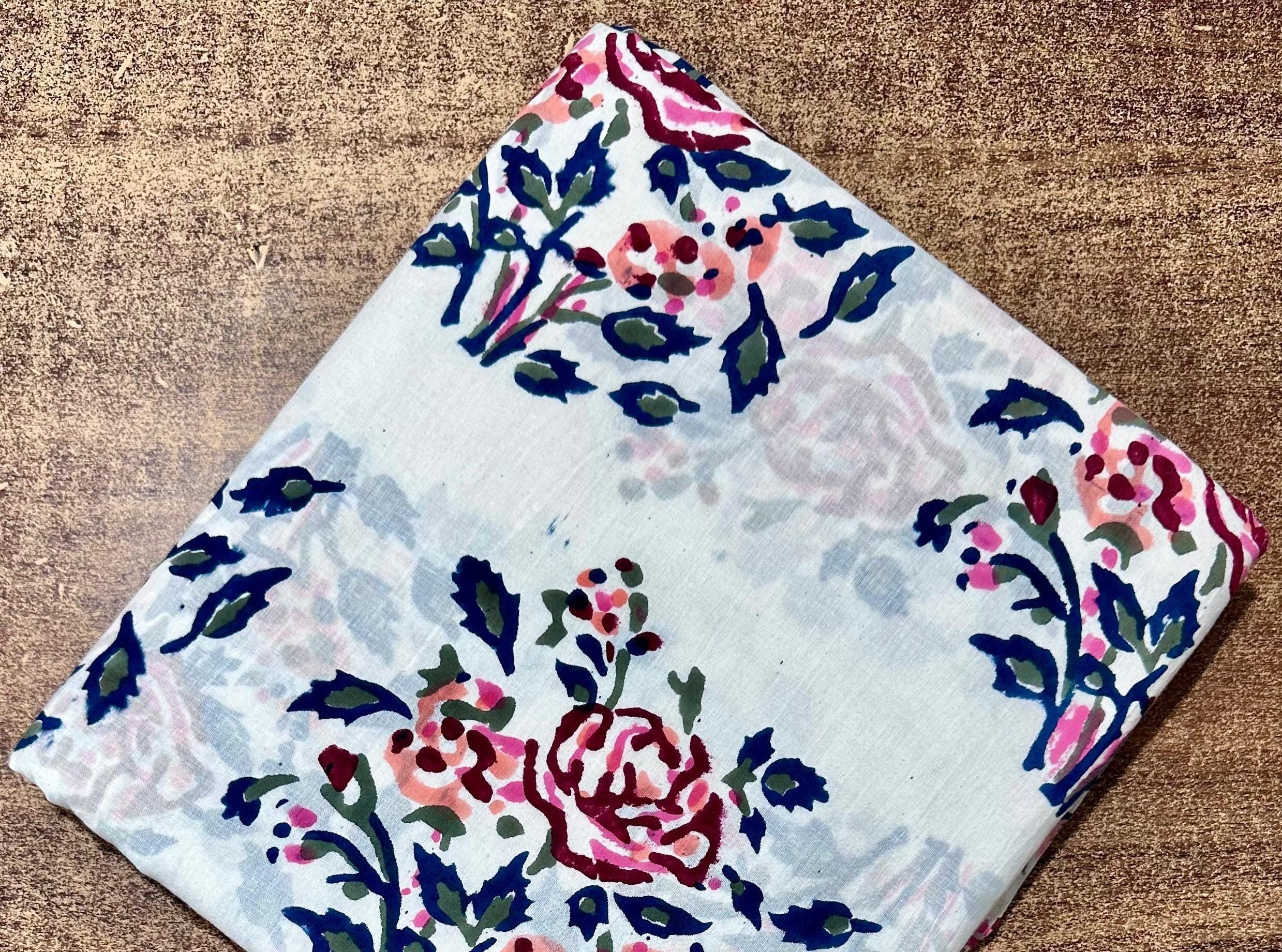 Flower Floral Cotton Fabric by the Yard, White Blue Block Print Cotton Cloth, Soft Cotton Fabric for Sewing, Quilting, Dressmaking Crafts