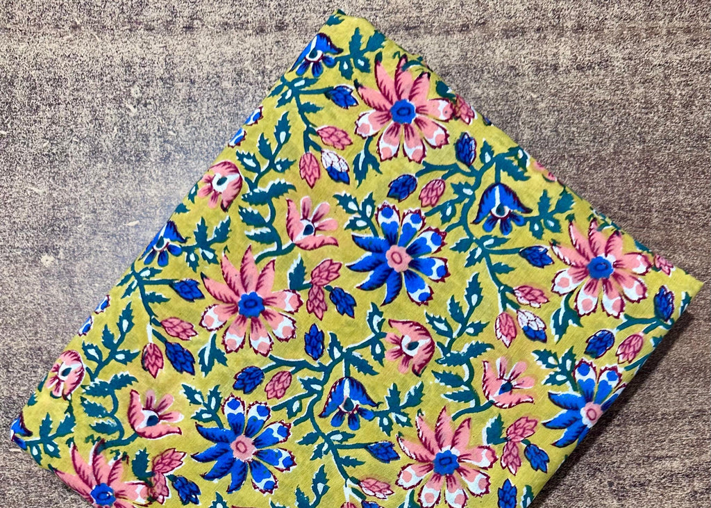 Green Floral Cotton Fabric | Hand Block Print Indian Fabric | Soft Printed Cotton for Dress, Quilting, Sewing & Craft