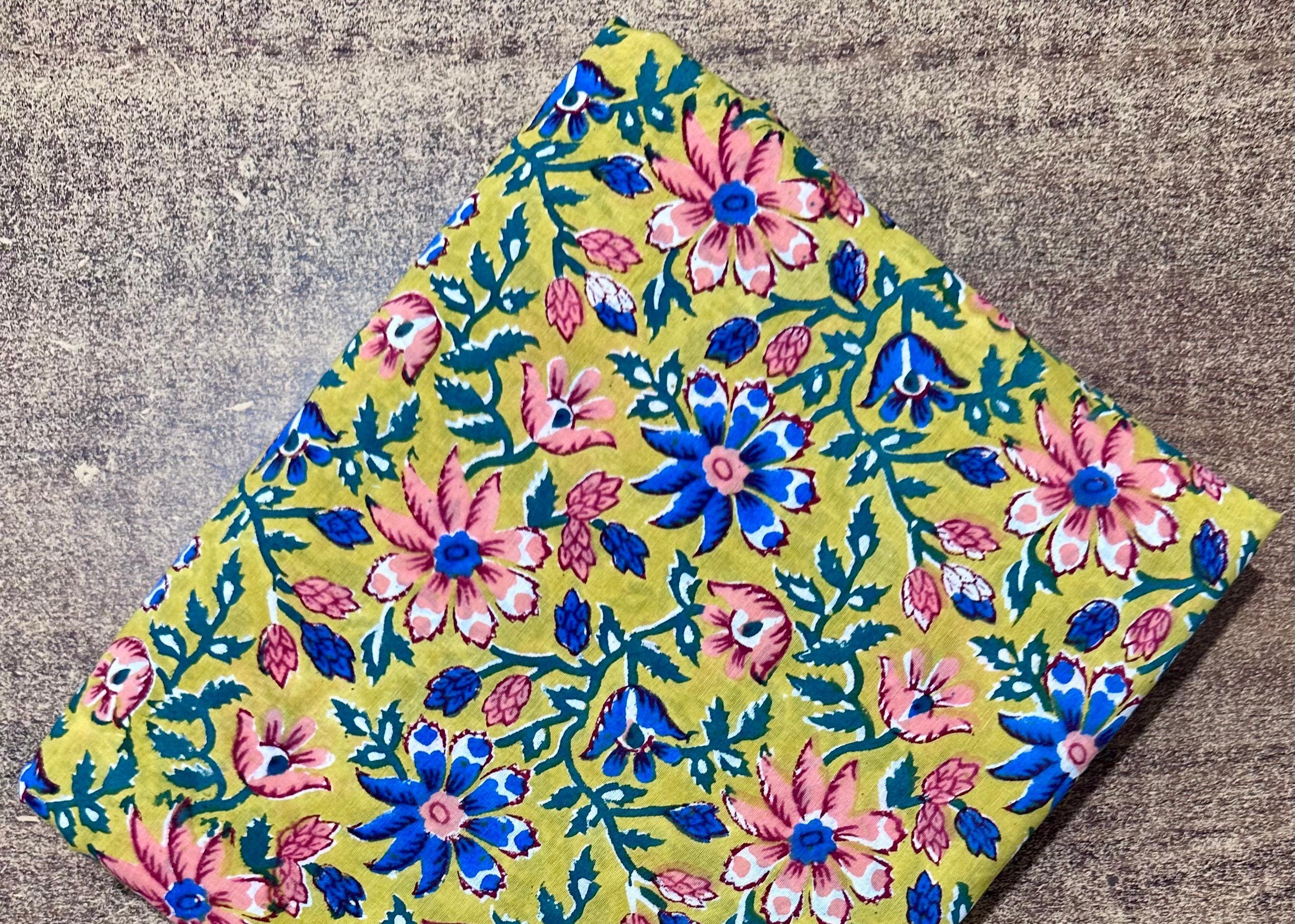 Green Floral Cotton Fabric | Hand Block Print Indian Fabric | Soft Printed Cotton for Dress, Quilting, Sewing & Craft