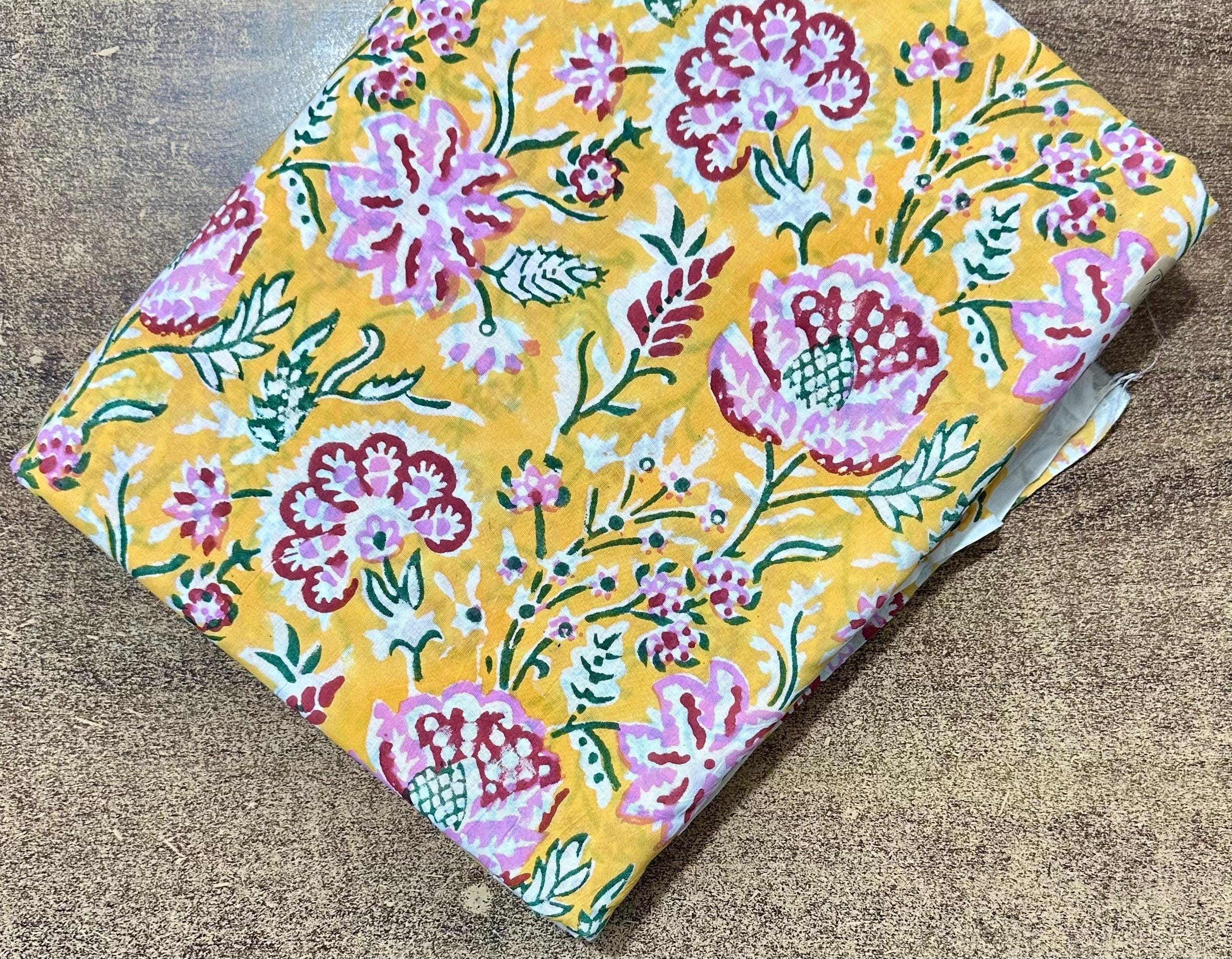 Mustard Yellow Floral Cotton Fabric by the Yard, Indian Printed Fabric, Soft Lightweight Cotton Fabric for Dress Making, Quilting, Sewing