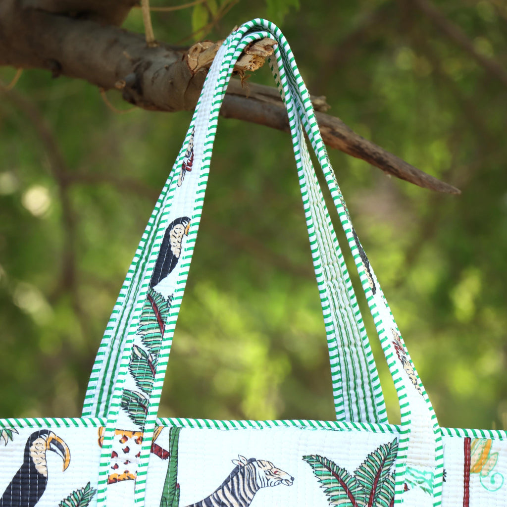 White Jungle Safari Print Bags, Handmade Quilted Tote Bag, Cotton Quilted Tote Bag, Indian Bags Shopping Bags, Beach Bag, Shoulder Bags Gift