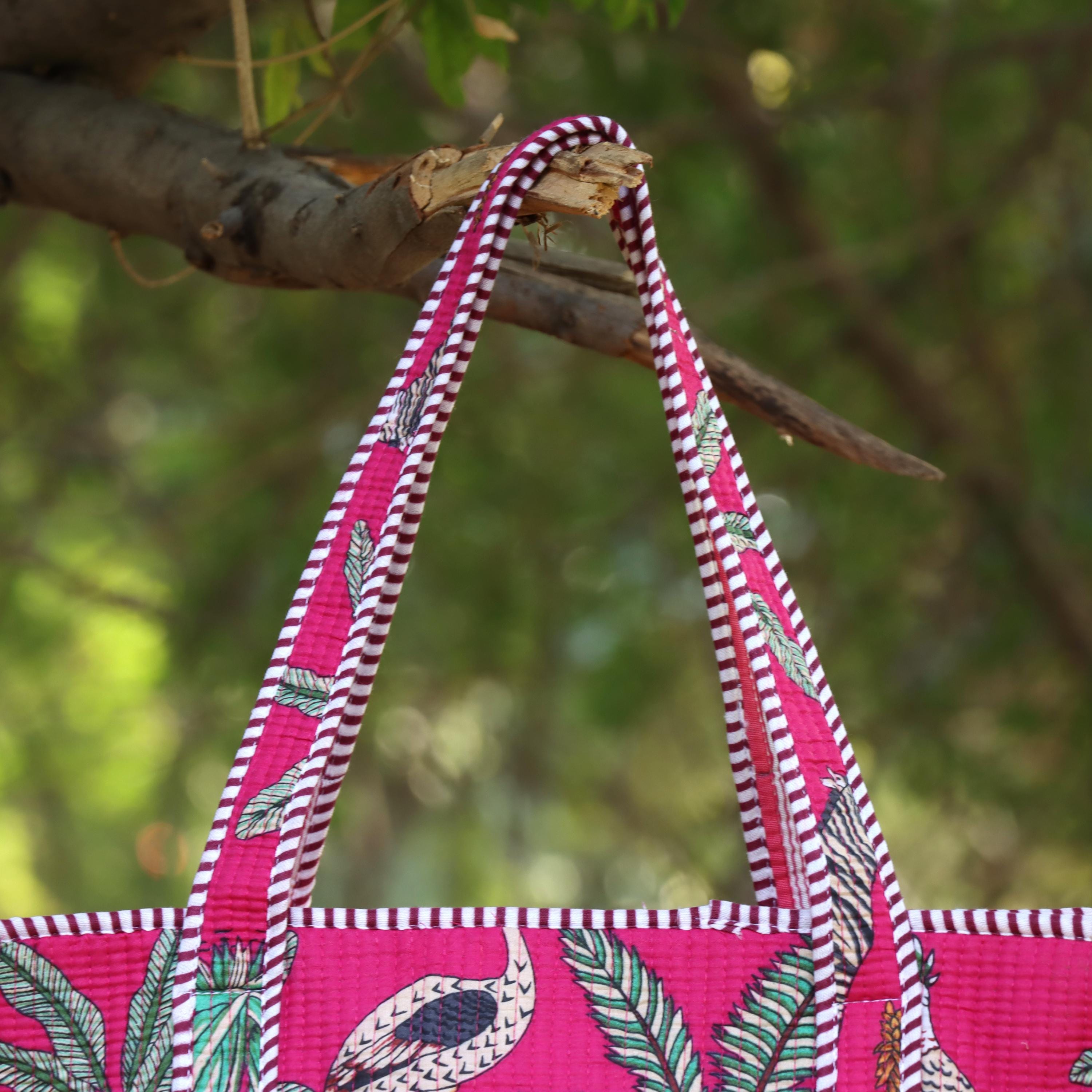 Pink Jungle Safari Print Bags, Handmade Quilted Tote Bag, Cotton Quilted Tote Bag, Indian Bags Shopping Bags, Beach Bag, Shoulder Bags Gift
