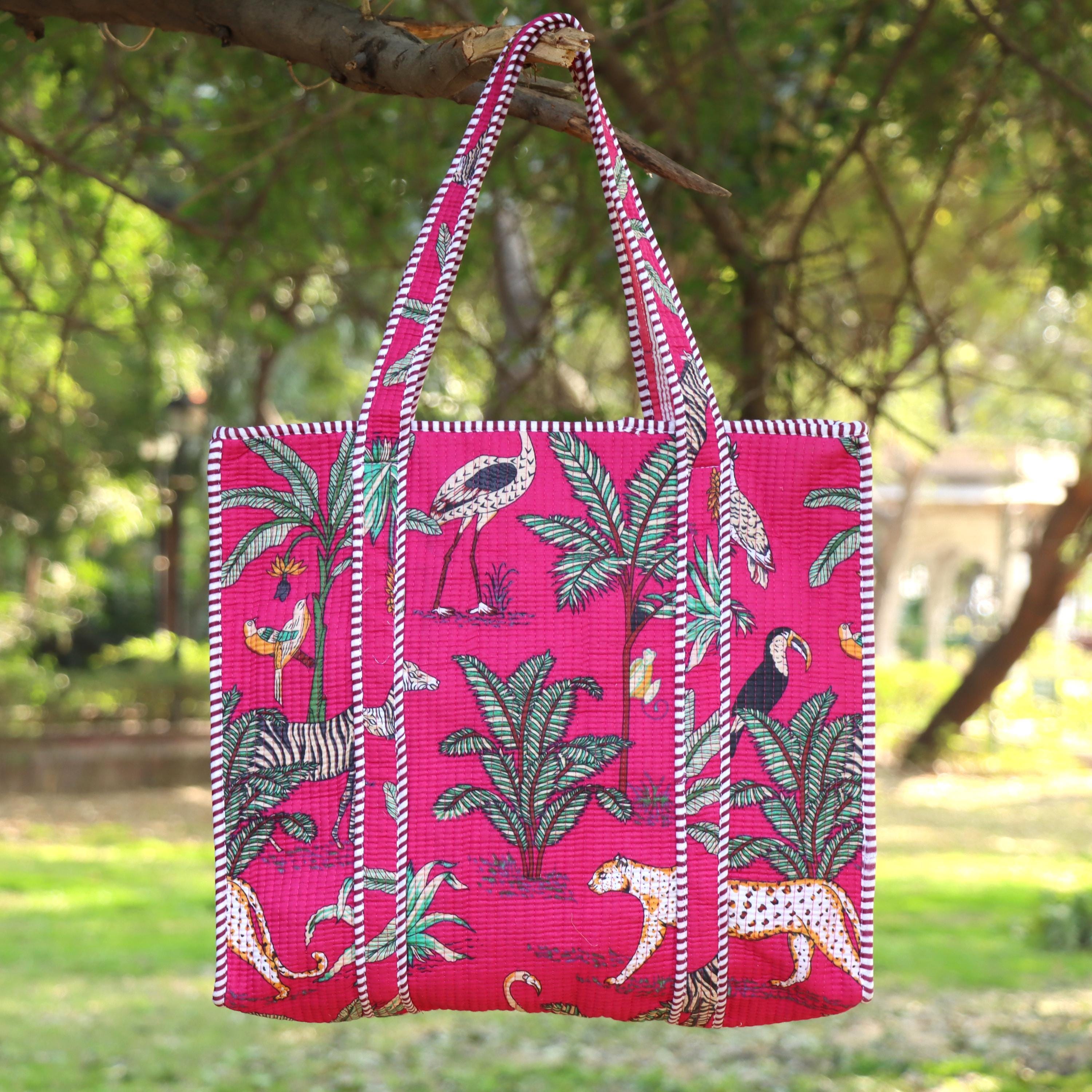 Pink Jungle Safari Print Bags, Handmade Quilted Tote Bag, Cotton Quilted Tote Bag, Indian Bags Shopping Bags, Beach Bag, Shoulder Bags Gift