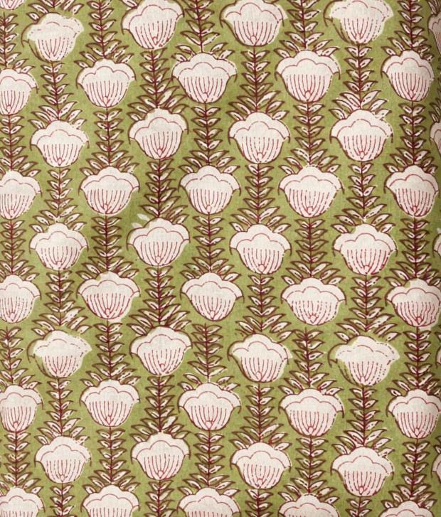 Green Indian Hand Block Print Fabric, Soft Cotton Fabric, Floral 100% Cotton Fabric By The Yard, Fabric For Loose Running, Textile Fabric