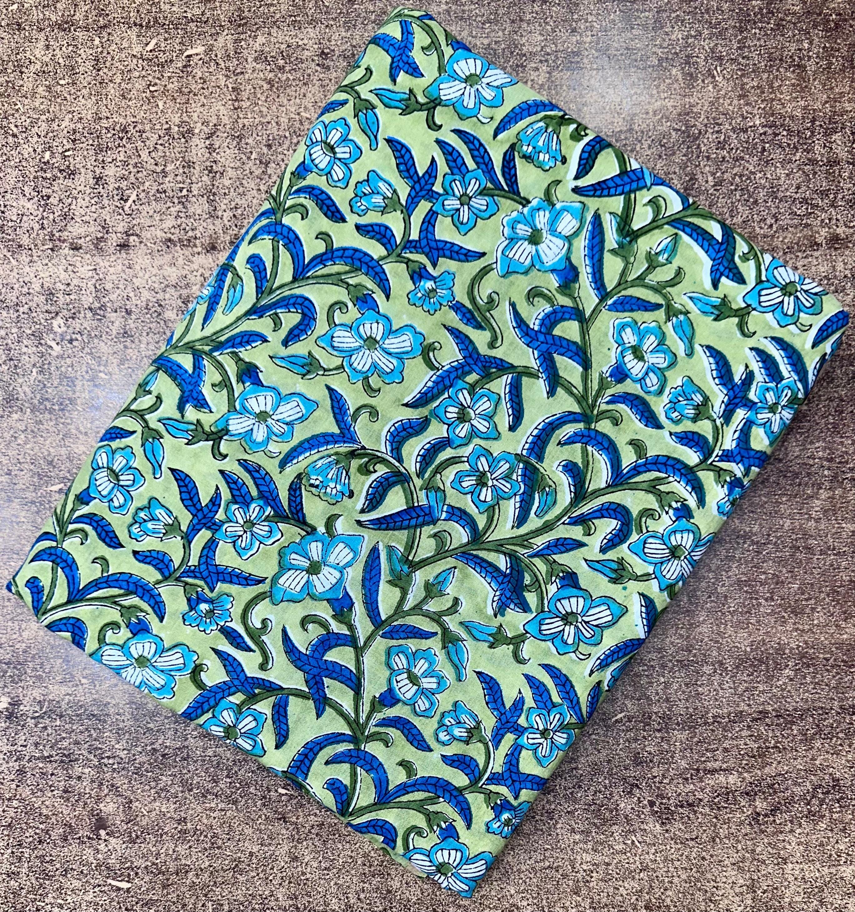 Indian Hand Block Green Blue Floral Printed Fabric By The Yard Running Cotton Fabric, Soft Lightweight Fabric, Loose Running Fabric, Napkins