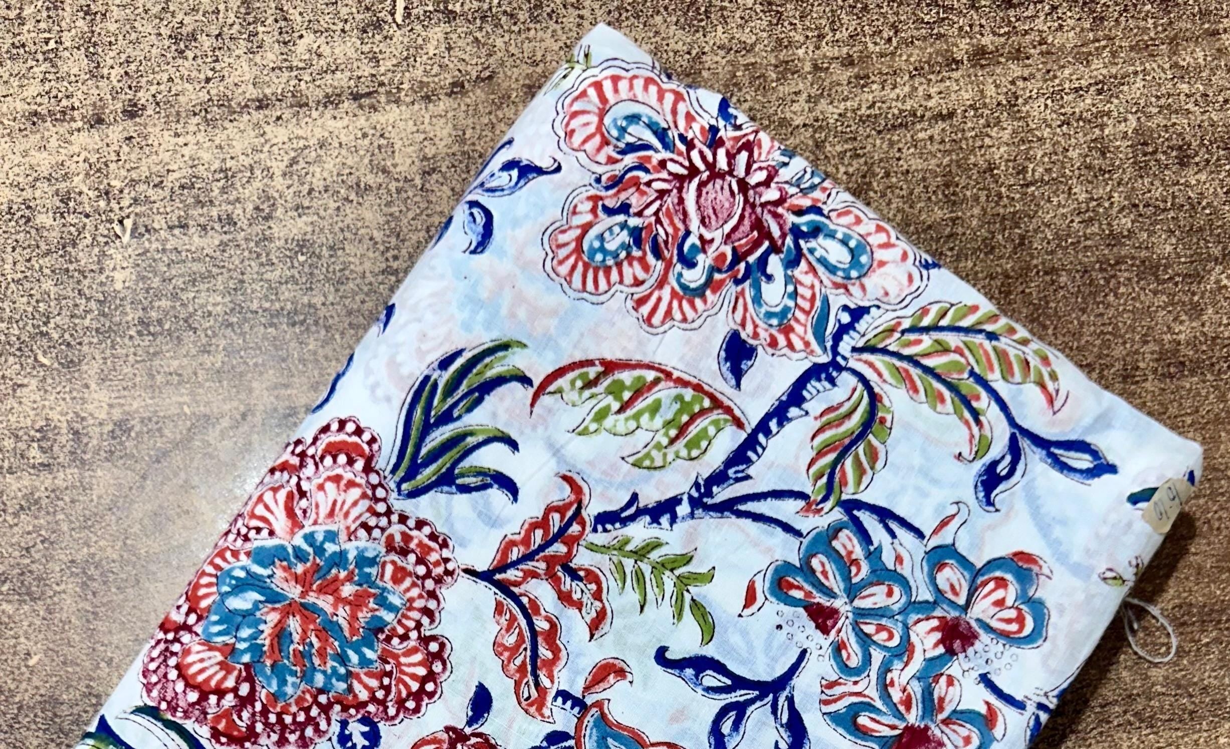 Light Blue Floral Cotton Fabric, Multi Color Hand Block Print By The Yard, Indian Soft Cotton For Quilting, Dressmaking and Seweing Crafts