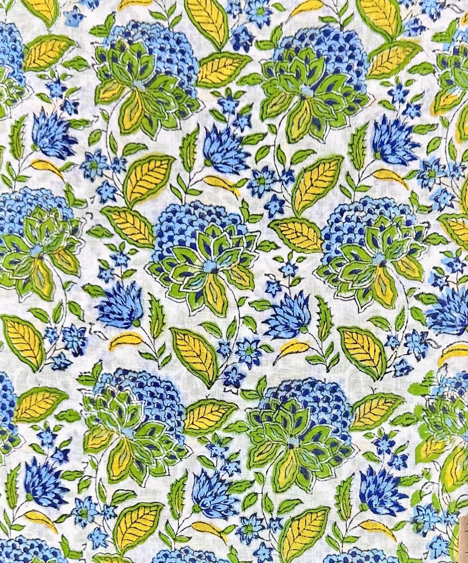 Green Blue Print Cotton Fabric, Multi Color Fabrics, Hand Block Print, Indian Cotton Textile, Sewing Quilting, Loose Running Fabric