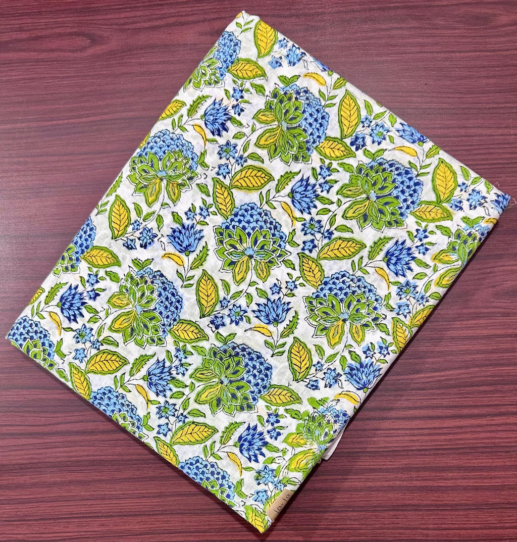 Green Blue Print Cotton Fabric, Multi Color Fabrics, Hand Block Print, Indian Cotton Textile, Sewing Quilting, Loose Running Fabric