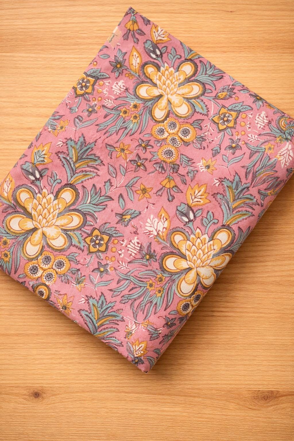 Pink Floral 100% Cotton Fabric, Indian Hand Block Print Fabric, Quilting Fabric By The Yard, Fabric For Dress Making, Loose Running Fabric