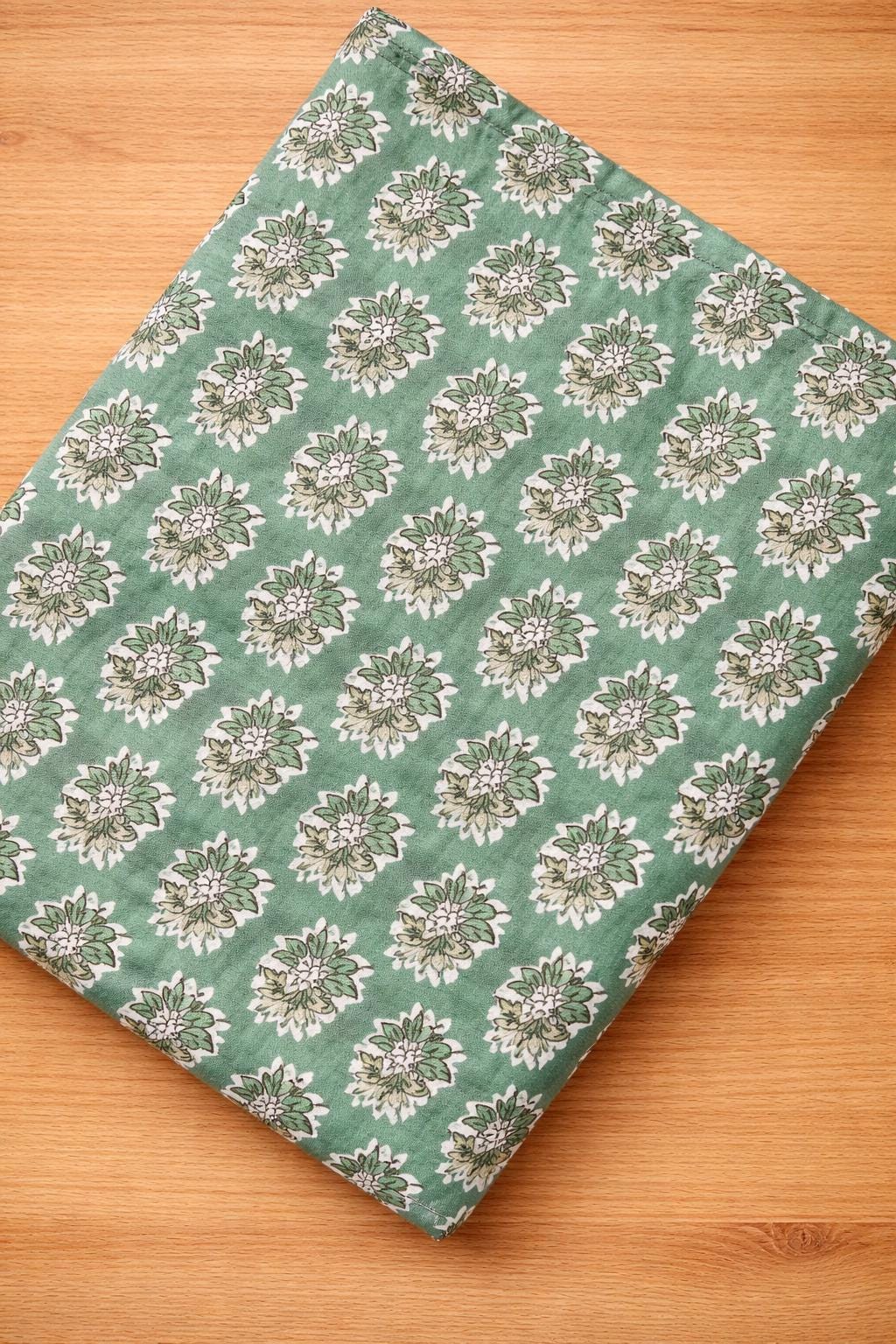 Green Floral Cotton Fabric by the Yard, Block Print Style Cotton Cloth, Soft Lightweight Cotton Fabric for Sewing, Quilting, Dressmaking