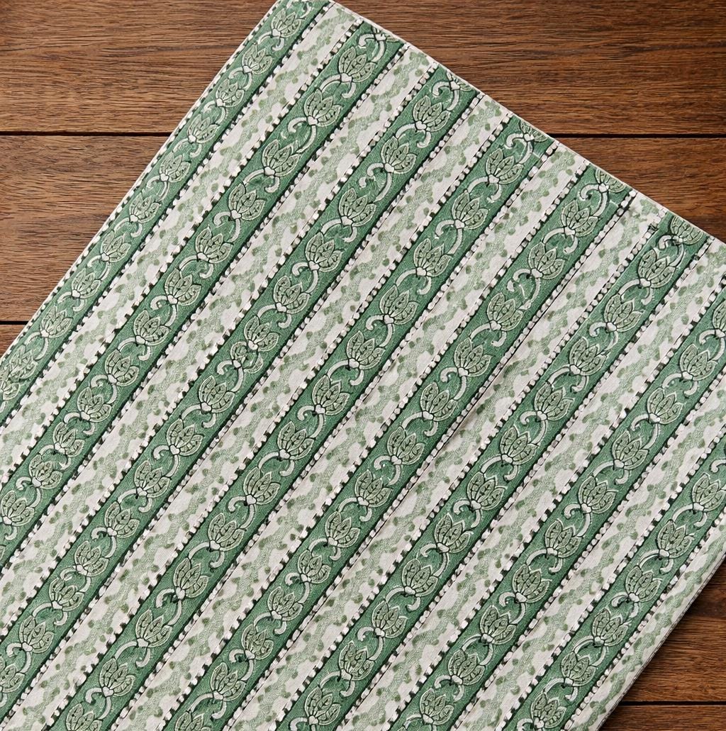 Indian Green Striped Floral Cotton Fabric by the Yard, Block Printed Fabric, Sewing, Quilting, Dressmaking, Cotton Textile, Running Fabric