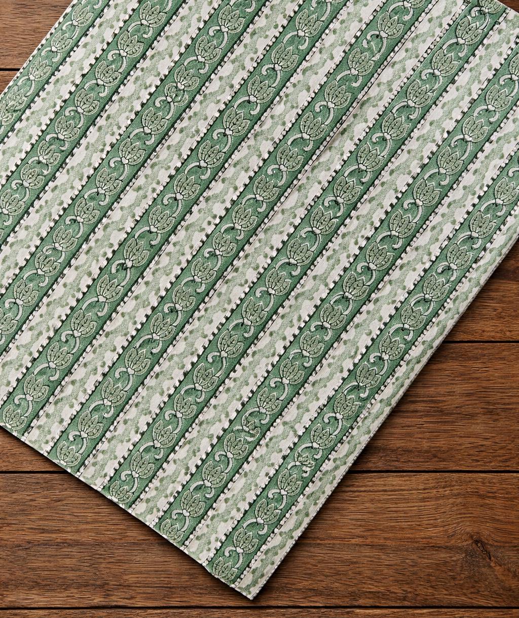 Indian Green Striped Floral Cotton Fabric by the Yard, Block Printed Fabric, Sewing, Quilting, Dressmaking, Cotton Textile, Running Fabric