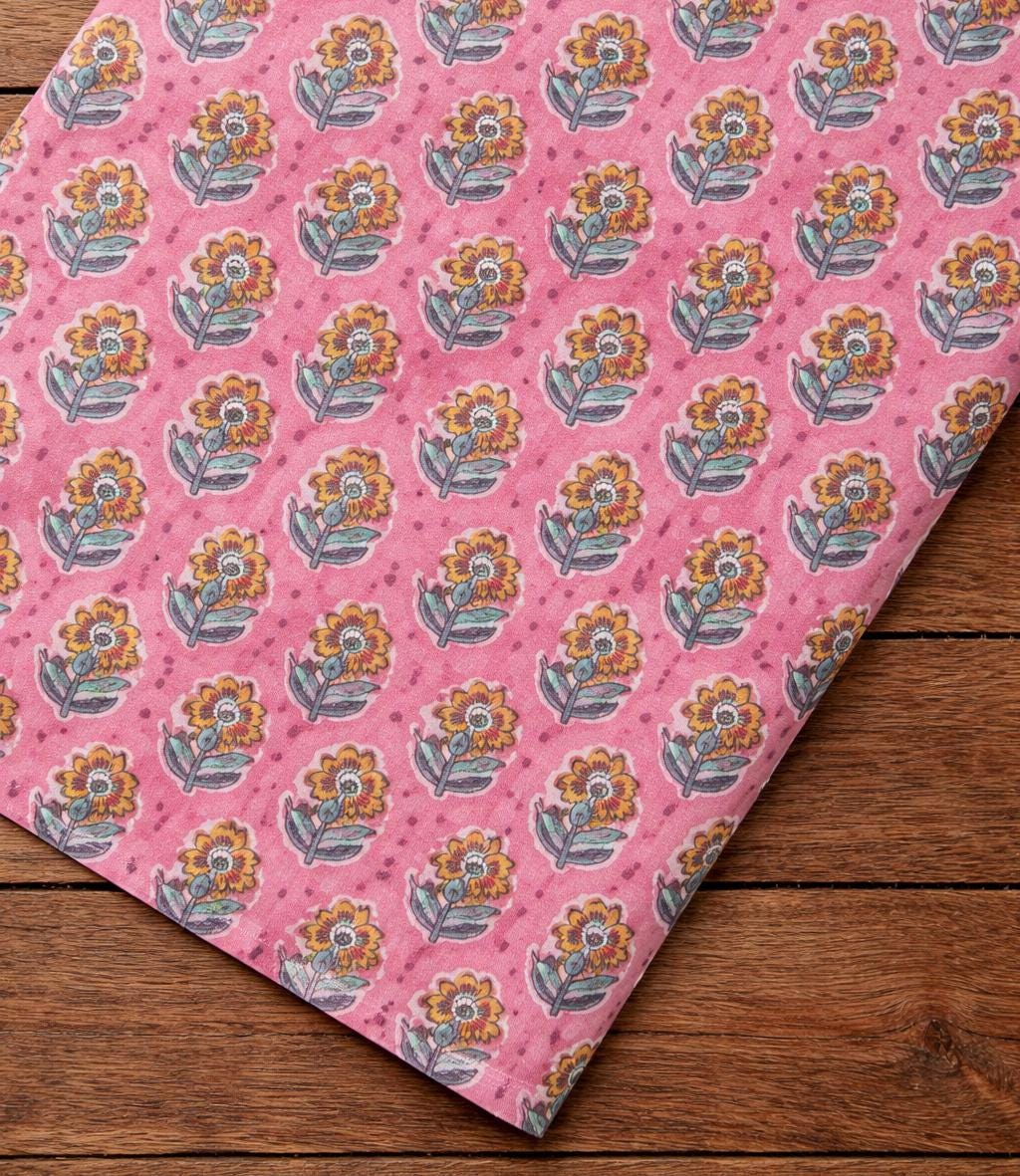 Pink Floral Cotton Fabric by the Yard, Block Print Style Cotton Cloth, Soft Lightweight Cotton Fabric for Sewing, Quilting, Dressmaking