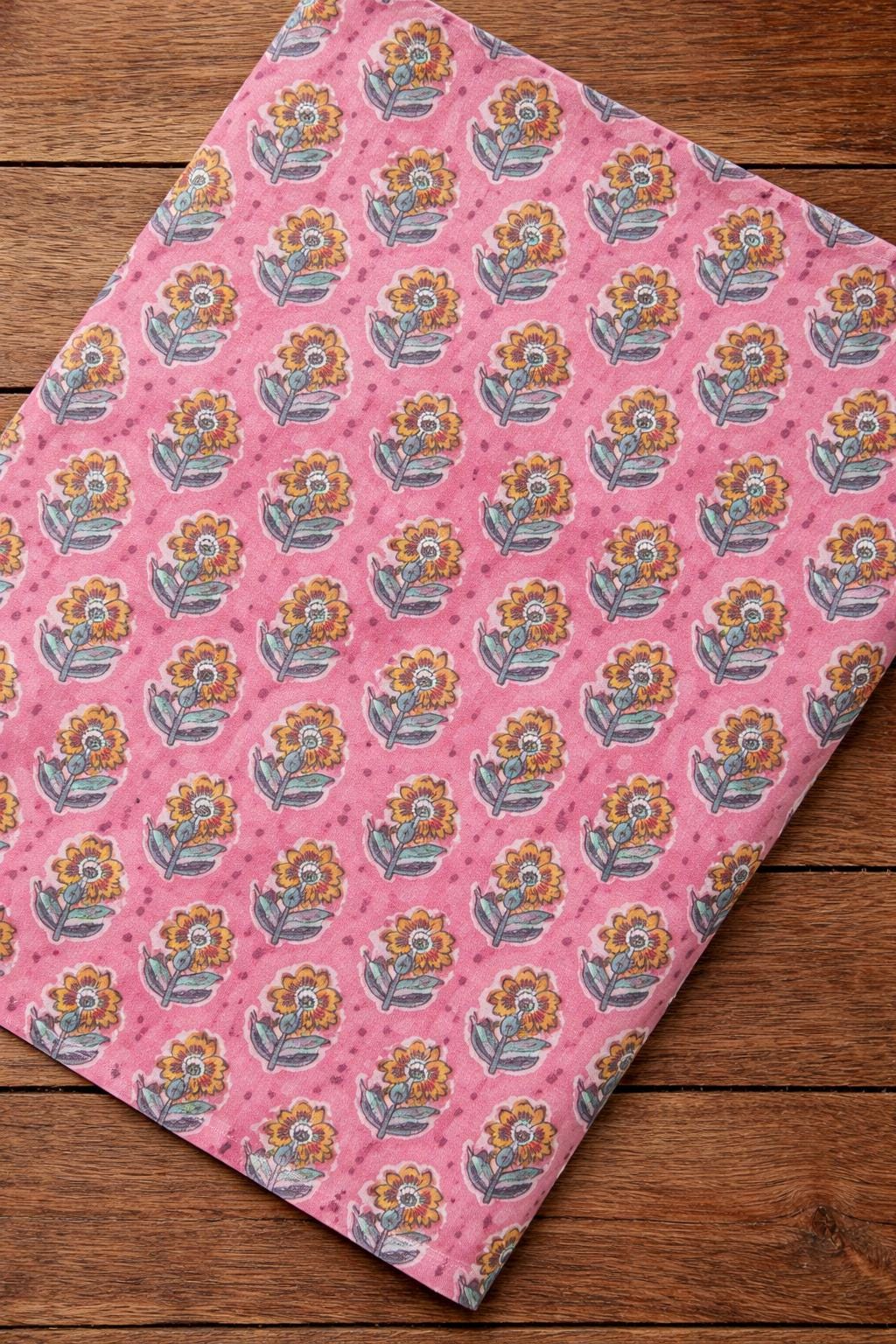 Pink Floral Cotton Fabric by the Yard, Block Print Style Cotton Cloth, Soft Lightweight Cotton Fabric for Sewing, Quilting, Dressmaking