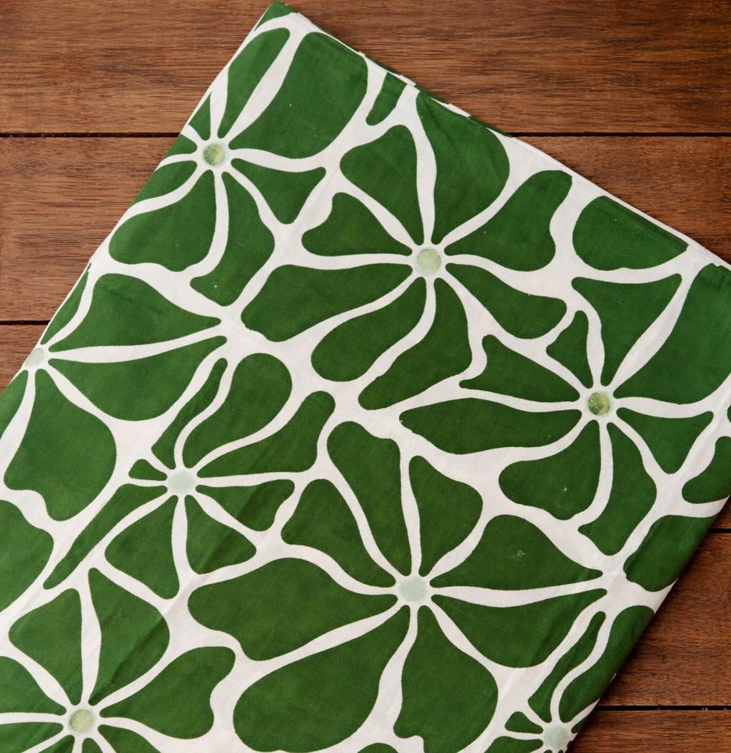 Green White Floral Cotton Fabric, Hand Block Print Fabric, Indian Cotton Textile, 100% Cotton Quilting Fabric By The Yard, Running Fabric