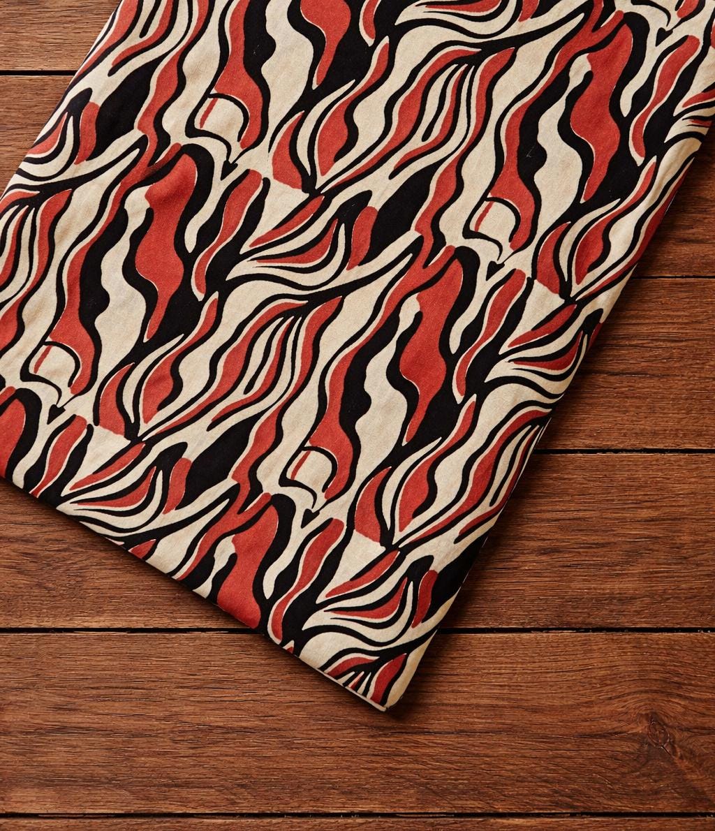 Abstract Wavy Print Cotton Fabric, Black Rust Beige Cotton Textile, Hand Printed Indian Fabric, Sewing Quilting, Loose Running Fabric