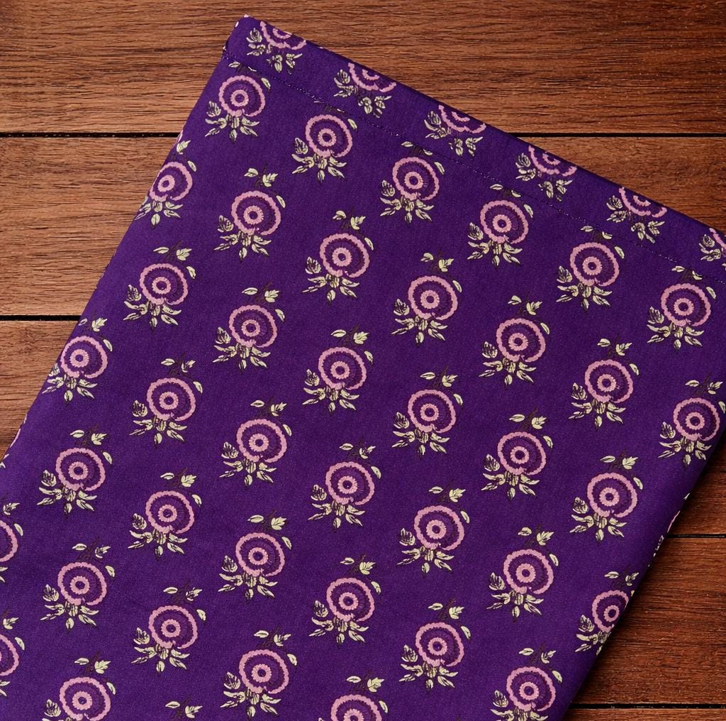 Purple Floral Cotton Fabric, Hand Block Print Indian Textile, Boho Flower Cotton Fabric for Sewing Quilting Craft Dress Loose Running Fabric