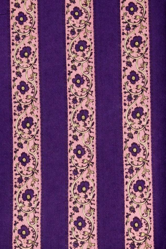 Purple Striped Floral Cotton Fabric, Hand Block Print Border Design Indian Textile, Boho Cotton Fabric for Quilting, Loose Running Fabric
