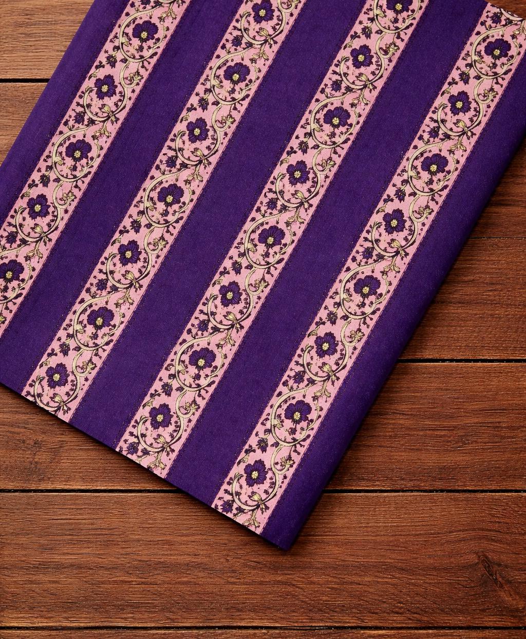 Purple Striped Floral Cotton Fabric, Hand Block Print Border Design Indian Textile, Boho Cotton Fabric for Quilting, Loose Running Fabric