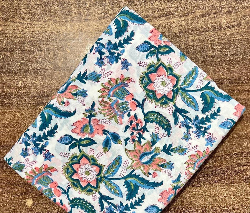 Colourful Soft Floral Cotton Fabric, Hand Block Print Fabric by Yard, Indian Cotton Cloth, Sewing Quilting Dressmaking, Loose Running Fabric