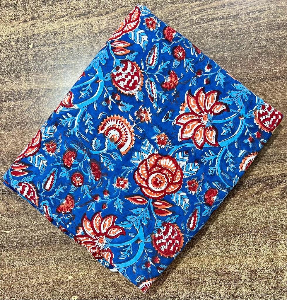 Blue Floral Cotton Fabric by Yard, Indian Block Print Cotton Cloth, Handmade Sewing Quilting Dressmaking Fabric, Running Cotton Fabric