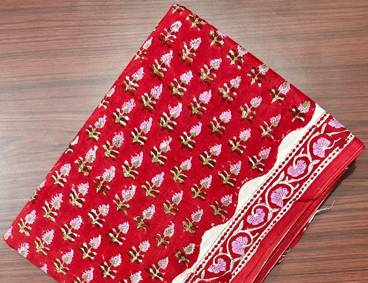 Red Floral Hand Block Print Cotton Fabric, Indian Block Printed Fabric by Yard, Ethnic Flower Print Fabric for Dress, Loose Running Fabric