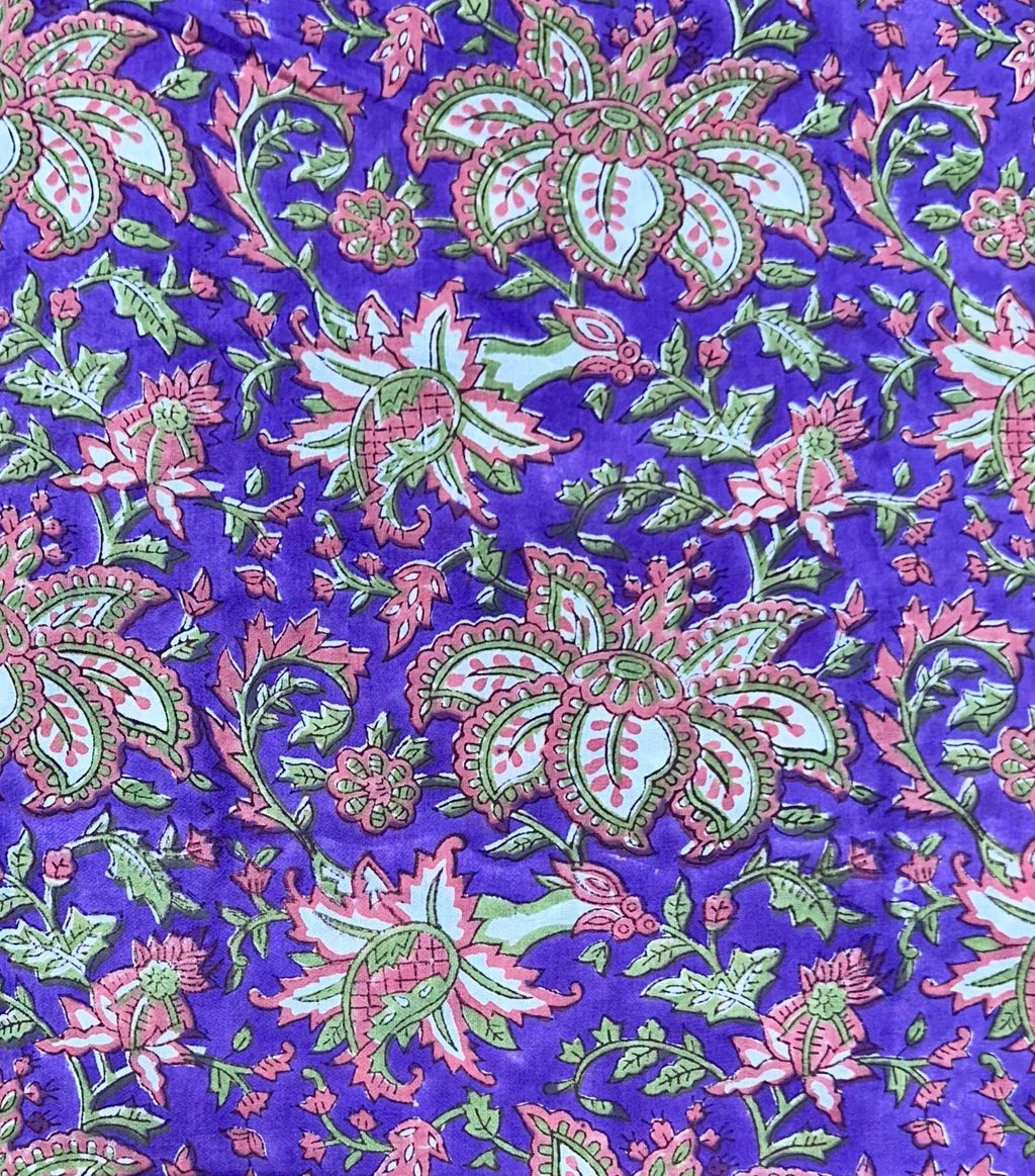 Purple Floral Hand Block Print Cotton Fabric, Indian Block Printed Fabric by Yard, Boho Flower Cotton Fabric for Dressmaking, Quilting