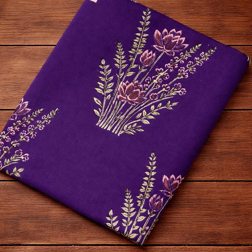 Purple Lotus Floral Cotton Fabric, Hand Block Print Indian Cotton Textile, Botanical Boho Fabric for Quilting Dress, Loose Running Fabric