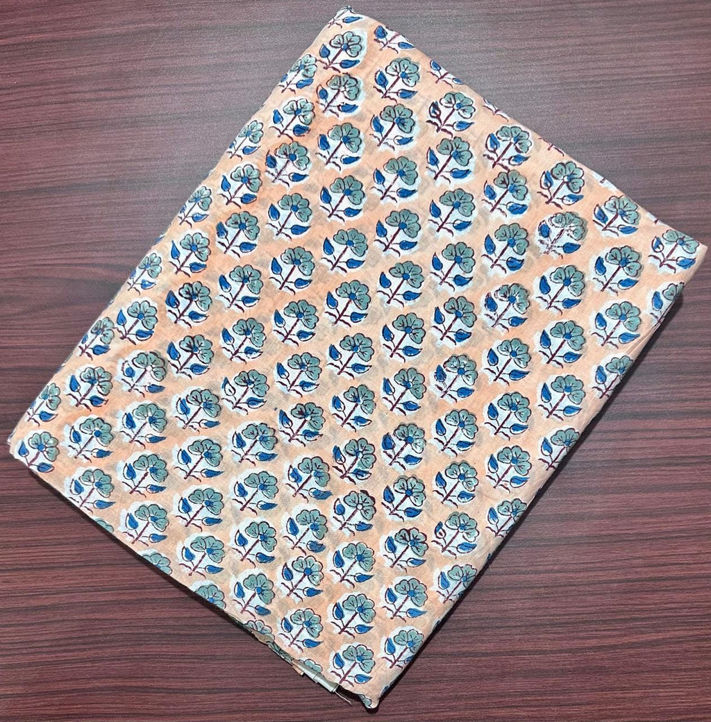 Beige Floral Hand Block Print Cotton Fabric, Indian Block Printed Cotton by Yard, Blue Flower Ethnic Fabric for Dressmaking, Quilting Crafts