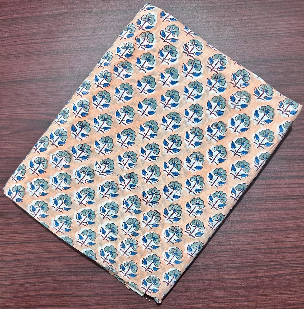 Beige Floral Hand Block Print Cotton Fabric, Indian Block Printed Cotton by Yard, Blue Flower Ethnic Fabric for Dressmaking, Quilting Crafts