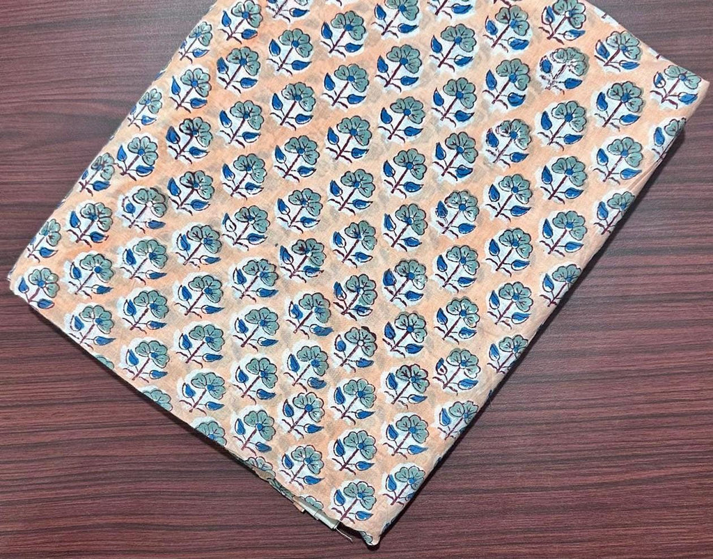 Beige Floral Hand Block Print Cotton Fabric, Indian Block Printed Cotton by Yard, Blue Flower Ethnic Fabric for Dressmaking, Quilting Crafts