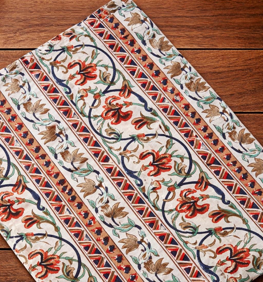 Floral Vine with Geometric Border, Indian Ethnic Cotton Textile, Indian Hand Block Print Cotton Fabric, Loose Running Fabric, Napkins Fabric