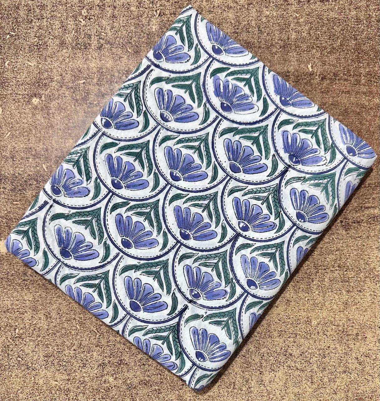Blue Floral Hand Block Print Cotton Fabric, White Indian Block Printed Cotton by Yard, Ethnic Flower Fabric for Dressmaking, Home Decor