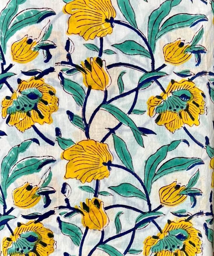 Yellow Floral Cotton Fabric by the Yard, White Printed Cotton Fabric, Quilting Fabric, Boho Home Decor & Dressmaking Fabric, Running Fabric
