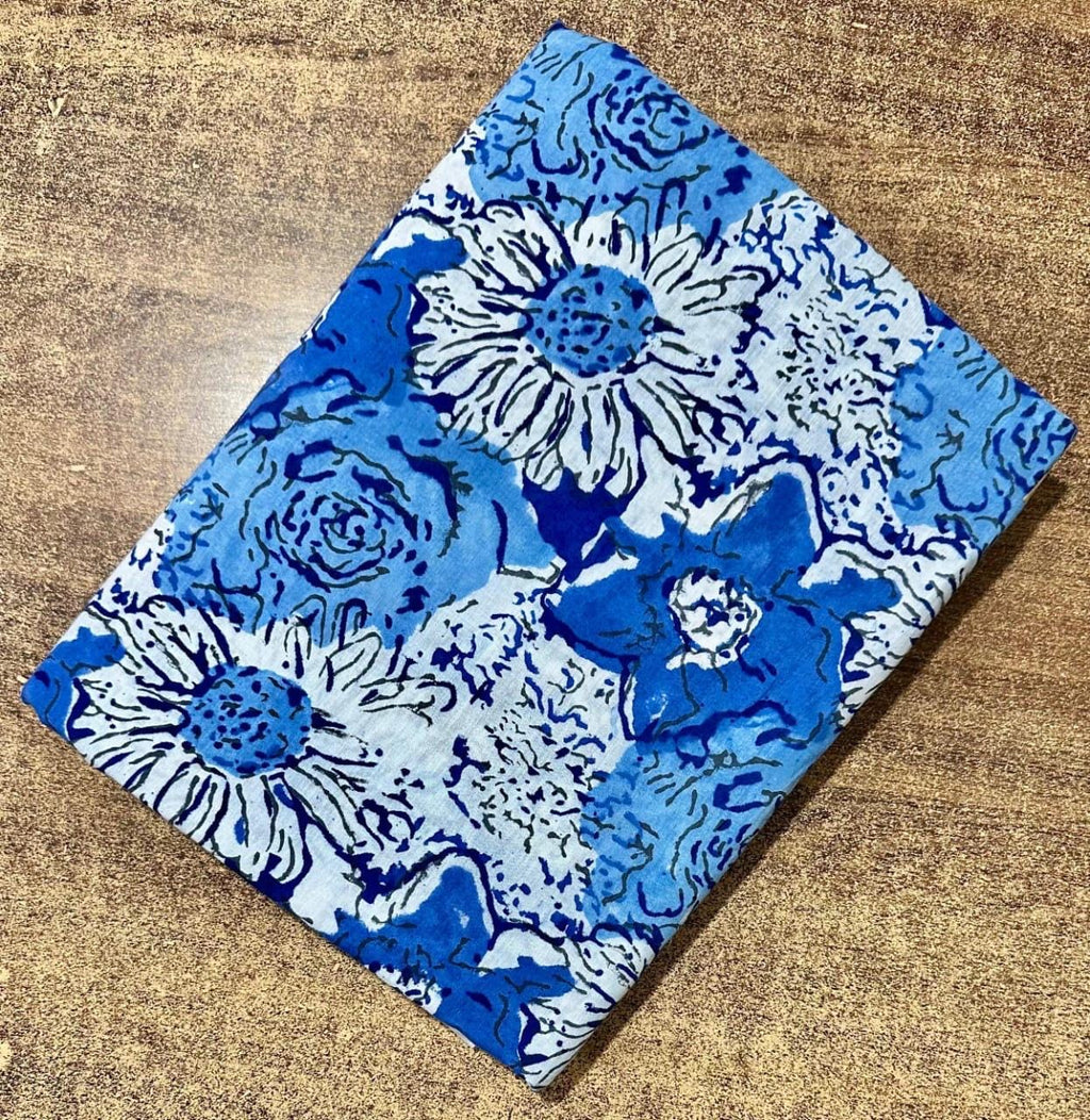 Blue Floral Cotton Fabric by the Yard, Hand Block Print Cotton Fabric, Quilting Fabric, Boho Home Decor & Dressmaking Fabric, Running Fabric