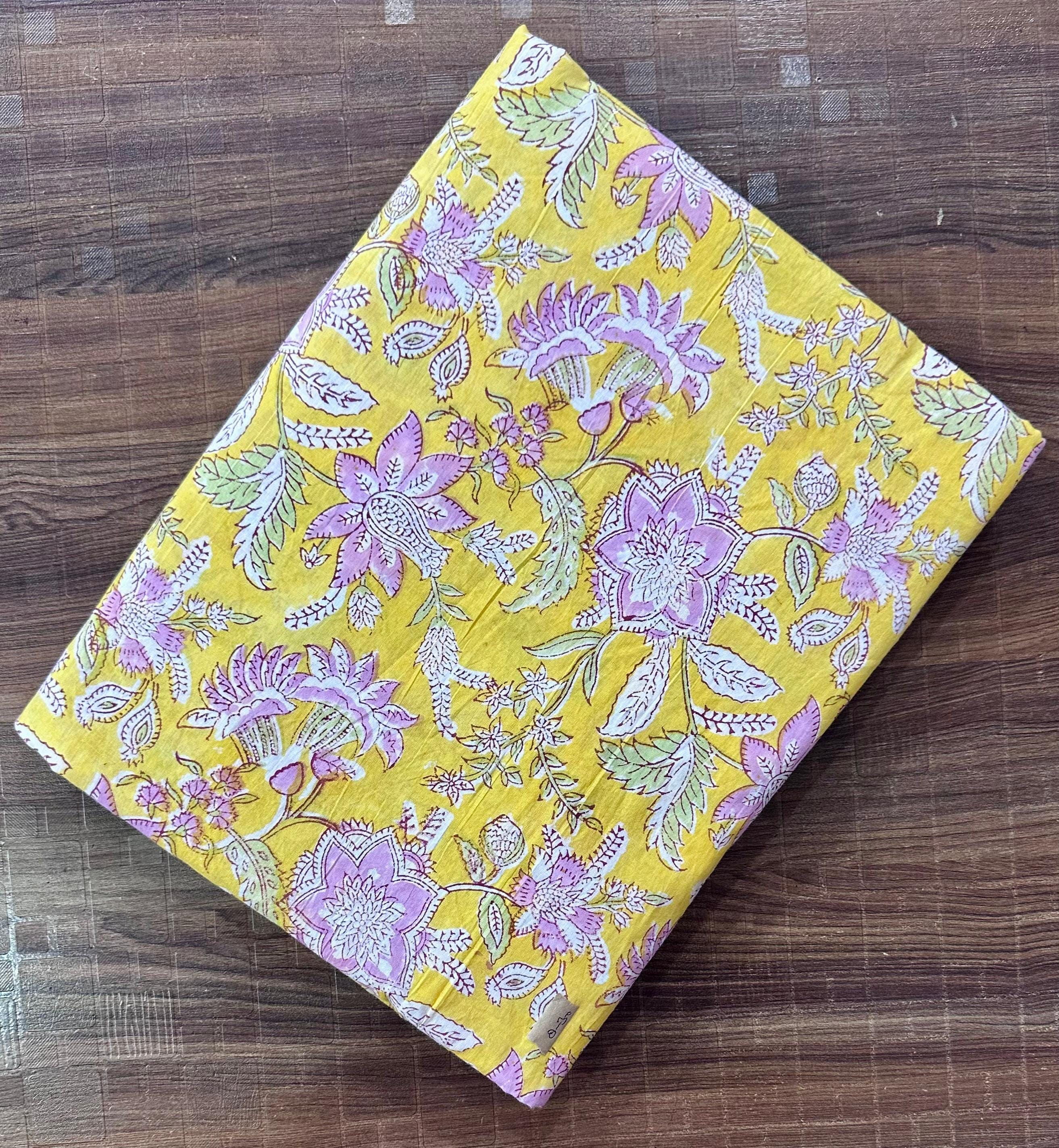 Yellow Floral Cotton Fabric by the Yard, Hand Block Print Indian Cotton Fabric, Quilting Fabric, Boho Home Decor, Dressmaking Sewing Fabric