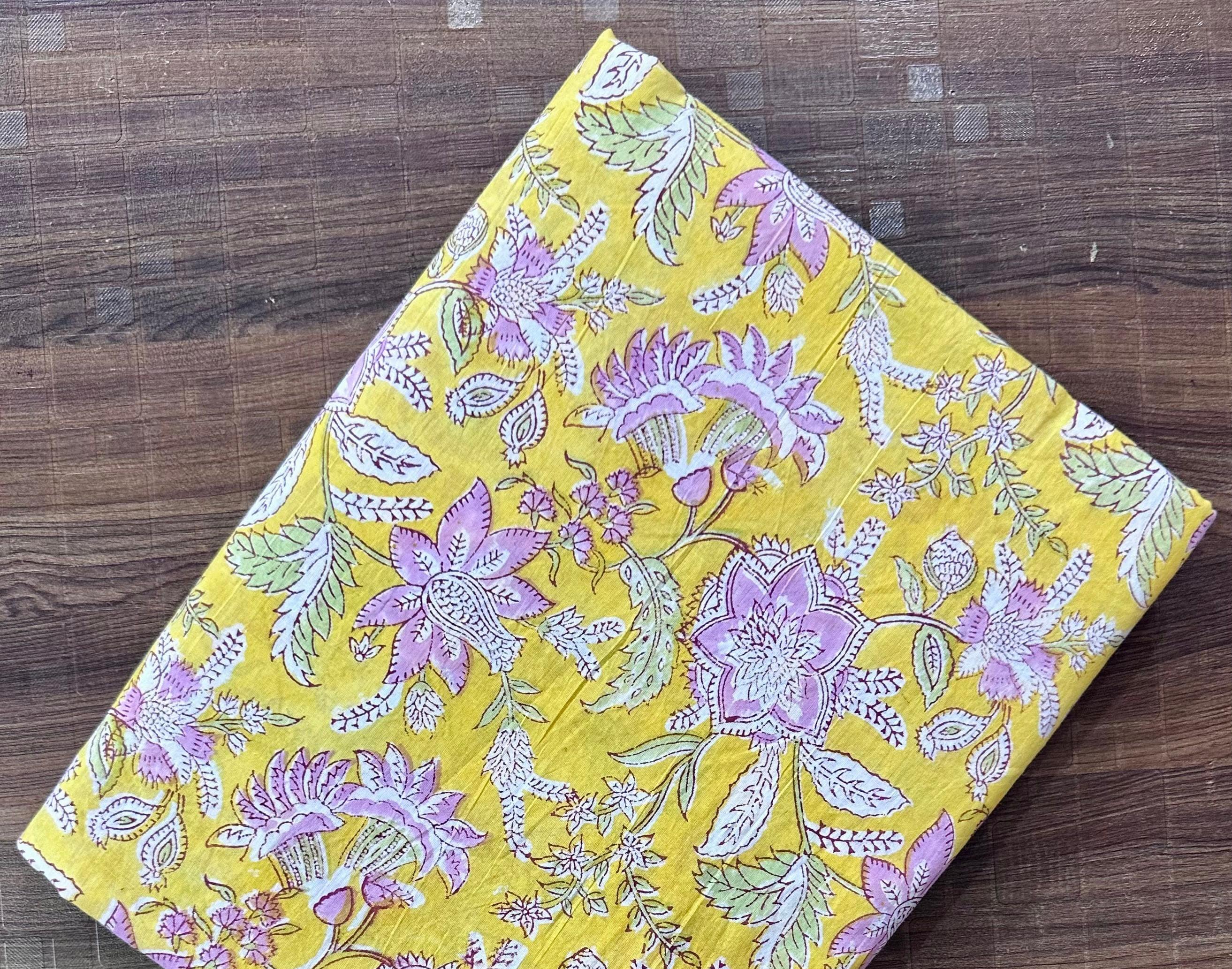 Yellow Floral Cotton Fabric by the Yard, Hand Block Print Indian Cotton Fabric, Quilting Fabric, Boho Home Decor, Dressmaking Sewing Fabric