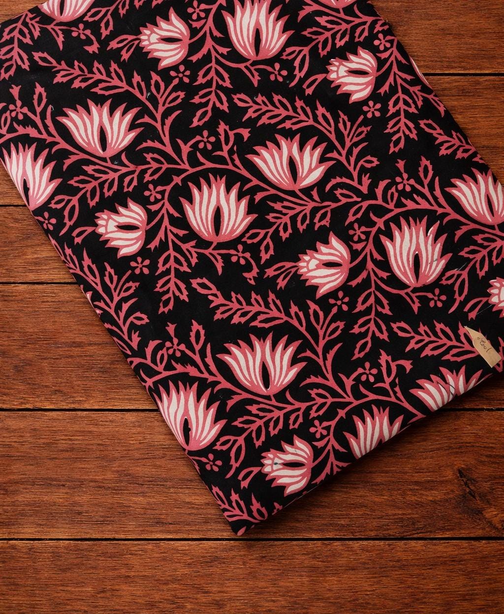 Black & Pink Floral Hand Block Print Cotton Fabric | Indian Lotus Print Textile | Dressmaking Quilting Craft Fabric | Loose Running Fabric