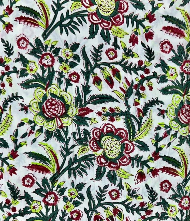 Indian Hand Block Print Cotton Fabric by the Yard, Floral Jaipuri Print for Dressmaking, Boho Soft Cotton Quilting Fabric, Running Fabric