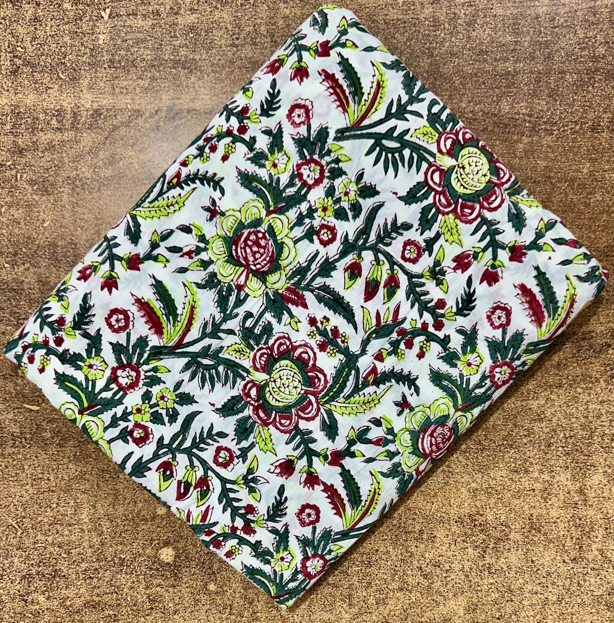 Indian Hand Block Print Cotton Fabric by the Yard, Floral Jaipuri Print for Dressmaking, Boho Soft Cotton Quilting Fabric, Running Fabric